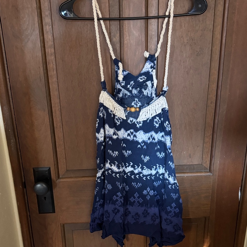Blue and White Patterned Dress with Rope Straps